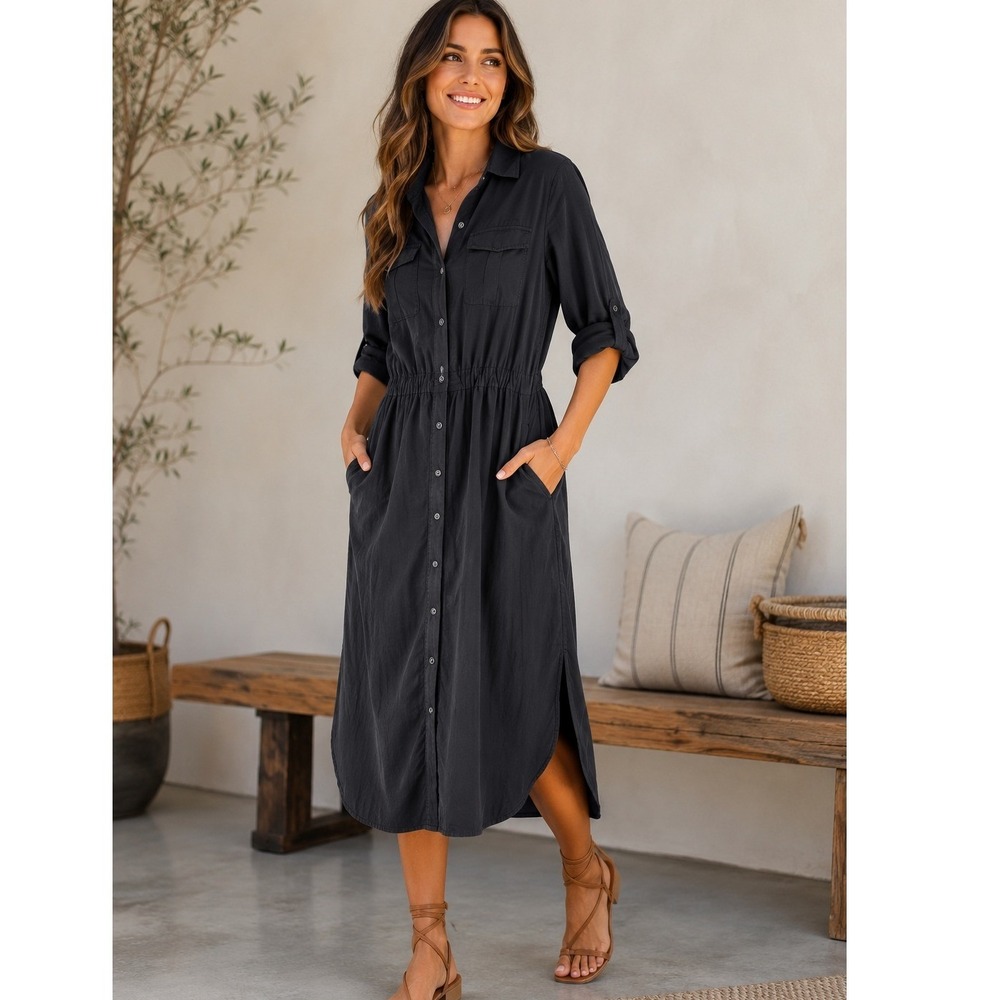 Maeve Anthropologie Button Down Shirt Dress Charcoal Petite 0P Utility Midi